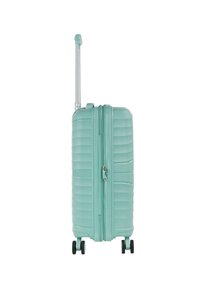 Maleta rígida de color verde menta con un diseño estriado, doble cremallera, un asa telescópica y cuatro ruedas negras para facilitar la movilidad.