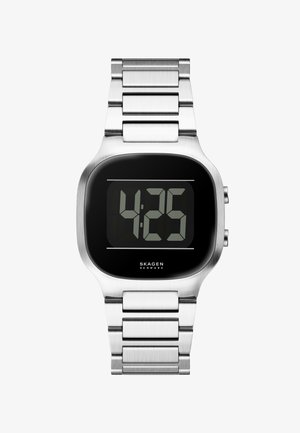 Digitale Armbanduhr mit silbernem Edelstahlband, ovalem schwarzem Zifferblatt, digitaler Anzeige, die die Uhrzeit 4:25 zeigt, Markenlogo unter der Anzeige.