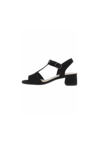 Sandalo in suede nero con design a T, punta aperta e tacco a blocco di 5 cm. Presenta una fibbia regolabile per una vestibilità sicura.