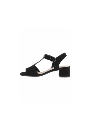 Sandalo in suede nero con design a T, punta aperta e tacco a blocco di 5 cm. Presenta una fibbia regolabile per una vestibilità sicura.