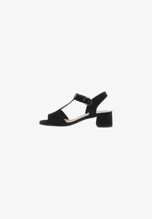 Schwarze Wildleder-Sandale mit T-Riemen-Design, offener Zehenpartie und 5 cm Blockabsatz. Verfügt über eine verstellbare Schnalle für einen sicheren Halt.