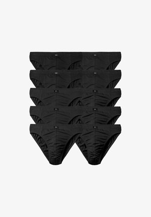 Schwarzes Baumwollunterwäsche-Set, bestehend aus einem klassischen Slips-Design mit elastischem Bund, präsentiert in einem Stapel von zehn Teilen.