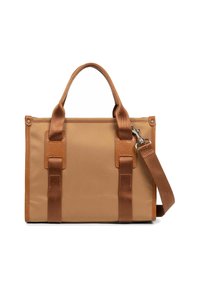 Sac en toile beige avec des accents en cuir marron. Dispose de doubles poignées supérieures, d'une bandoulière amovible et d'une forme rectangulaire structurée.