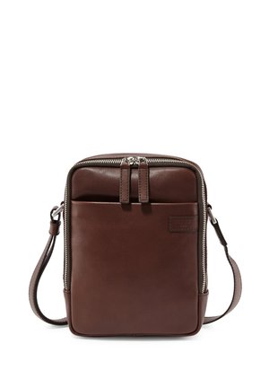 Brown leather crossbody bag with front pocket, dual zipper closure, and adjustable strap against white background.