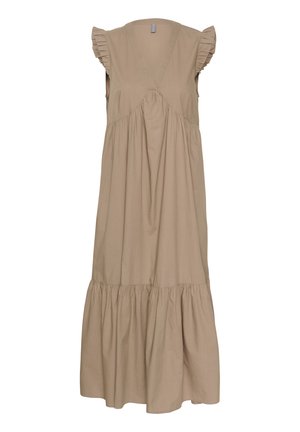 Bež haljina od pamuka s V-izrezom, nabranim kratkim rukavima i dizajnom suknje u slojevima. Glatka tekstura s nabranim detaljima ispod grudi.