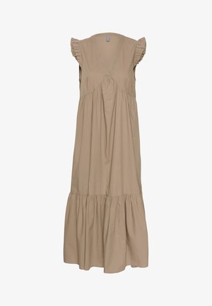 Beige katoen jurk met een V-hals, gerimpelde capuchon mouwen en een gelaagde rokdesign. Soepele textuur met geplooide details onder de buste.