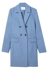 Doppelreiher-Mantel aus strukturiertem blauen Stoff, mit zwei vorderen Taschen und schwarzen Knöpfen, einem geschlitzten Kragen und langen Ärmeln.