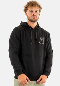 Sweat à capuche noir en mélange de coton, doté d'une poche avant, d'un cordon de réglage à la capuche et d'un graphique minimaliste sur la poitrine.