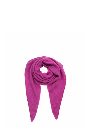 Soft, thick magenta scarf folded with pointed ends hanging, displayed on white background.