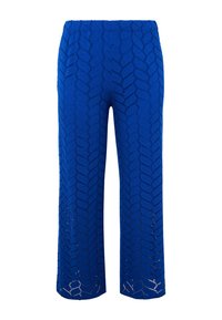 Blauwe wijde broek gemaakt van een gestructureerde, lichte stof met een ruitpatroon en een elastische tailleband voor comfort.