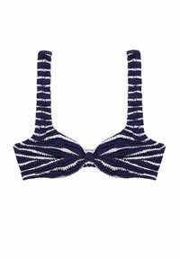 Top de bikini în dungi albastre și albe, cu un centru legat, are bretele largi și un design de țesătură texturată.