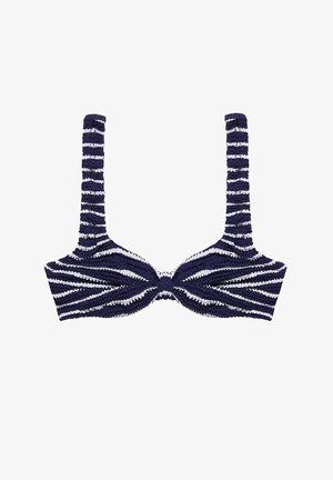 Top de bikini în dungi albastre și albe, cu un centru legat, are bretele largi și un design de țesătură texturată.