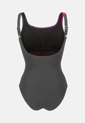 Schwarz-grauer einteiliger Badeanzug mit verstellbaren Schultergurten und einem Hauch von pinkem Rand entlang der oberen Kante.