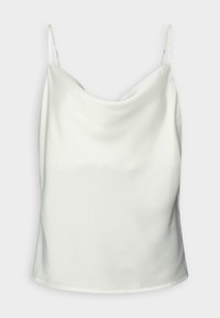 Valkoinen satiinikankainen hihaton paita, jossa on ohuet säädettävät olkaimet, pehmeästi laskeutuva kaula-aukko ja sileä, kiiltävä pinta.