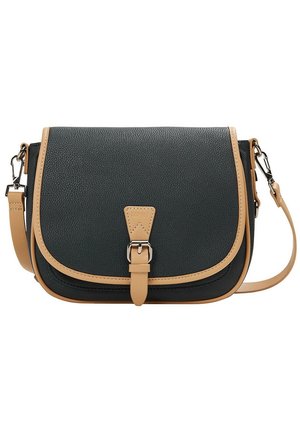 Sort læder crossbody taske med tan kant og justerbar strop, front spænde lukning og sølv metal hardware.