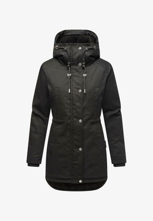 Schwarze, isolierte Parka mit einer von Pelz gefütterten Kapuze, Schnürzug-Anpassungen, Fronttaschen und metallischem Druckknopfverschluss. Verstellbare Bündchen.