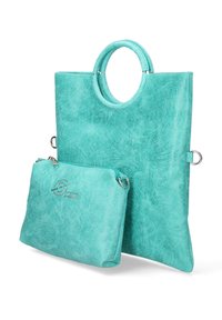 Turquoise neplederen tas met ronde handvatten, uitgerust met een verwijderbare bijpassende pouch. Glad van structuur met lichte patroonvariaties.