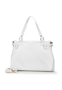 Bolso de mano de piel blanca con un acabado texturizado, asas dobles y una correa para el hombro desmontable. Presenta sutiles acentos dorados y detalles de cremallera.