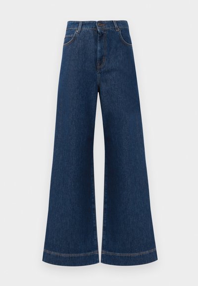 Wide-leg blue denim jeans with a high waist, featuring a button closure, belt loops, and subtle stitching details along the pockets and hems.