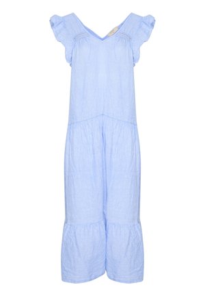 Ljusblå linneoverall med V-ringning, korta volangärmar och en samlad midja. Har vida cropped ben och subtil textur.