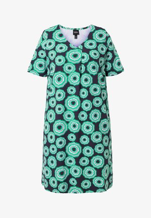 Kleid mit kurzen Ärmeln und knielang, mit einem grünen, weißen und schwarzen kreisförmigen geometrischen Muster auf dunklem Hintergrund.