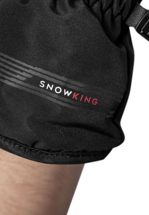 Zwarte sneeuwhandschoenen van een schuurstof, met een verzameld polsmanchet en de merknaam "SNOWKING" in witte en rode letters.