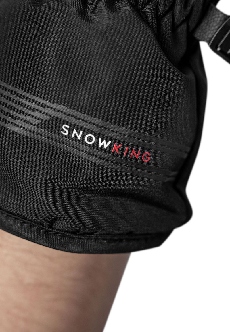 Guanti da neve neri con un tessuto testurizzato, dotati di polsino arricciato e con il nome del marchio "SNOWKING" in lettere bianche e rosse.