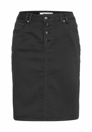Black denim skirt with a fitted shape, front button closure, and side pockets. The fabric has a smooth texture and a mid-length design.