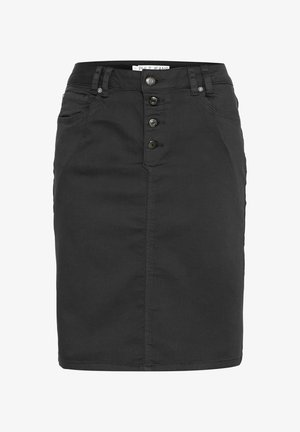 Black denim skirt with a fitted shape, front button closure, and side pockets. The fabric has a smooth texture and a mid-length design.