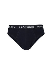 Czarne bawełniane majtki typu slip z białą, markową gumką w talii z napisem "PRÓCHNIK". Projekt obejmuje klasyczny krój i gładką teksturę.