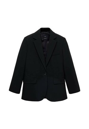 Blazer noir en tissu lisse. Présente une fermeture à un bouton, des revers crantés et deux poches avant. Design simple et ajusté.