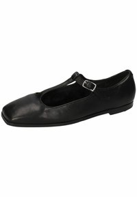 Scarpa in pelle nera con punta arrotondata e design a T-strap. Presenta una piccola fibbia in argento e suola piatta. Texture liscia.