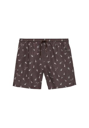 Brązowe szorty kąpielowe z białymi wzorami żaglówek, z elastycznym pasem i sznurkiem. Wykonane z lekkiego materiału o gładkiej fakturze.