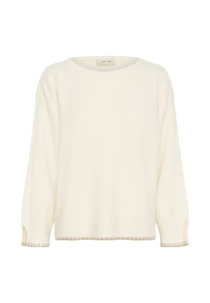 Cream knitted sweater with a round neckline, long sleeves, and ribbed detailing at the cuffs and hem. Soft, textured fabric.