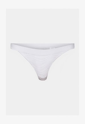 White lace thong featuring a smooth waistband, wavy pattern, and minimal coverage. Soft texture for comfort and flexibility.