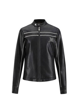 Black leather jacket with a high collar, front zip closure, and white stripe accents across the chest and shoulders. Embroidered logo on the chest.