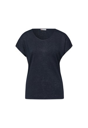 Donker marineblauw T-shirt met korte mouwen, een ronde hals en een licht losse pasvorm.