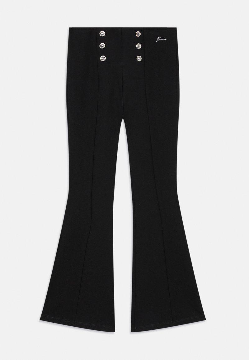 Črne zvonaste hlače iz gladkega blaga, ki imajo štiri srebrne gumbe na pasu in izrazite sprednje šive za prilagajen kroj.