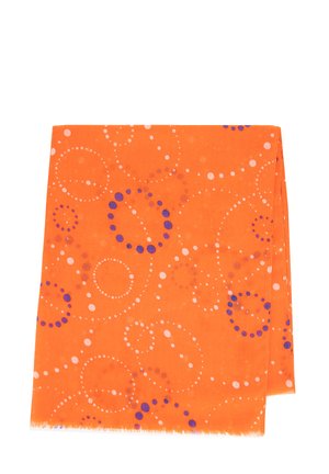 Foulard arancione con un motivo giocoso di cerchi bianchi e viola. Tessuto leggero con una consistenza liscia e bordi sfrangiati.