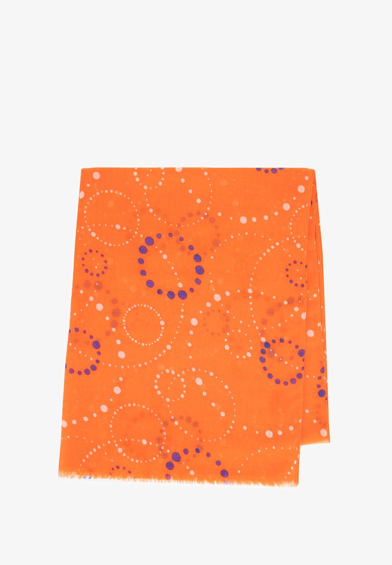 Oranje sjaal met een speels patroon van witte en paarse cirkels. Lichtgewicht stof met een soepele textuur en rafelige randen.
