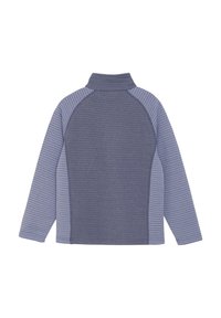 Fleece-pullover med hög krage; mörkblå kropp med ljusblå sidopaneler; texturerad yta med ribbad detalj och platta sömmar.