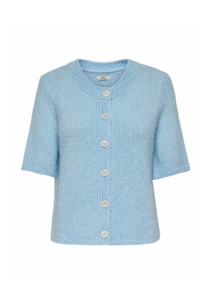 Blå stickad cardigan med korta ärmar, rund halsringning och femknappslåsning. Mjuk, texturerad tyg med ett subtilt mönster.