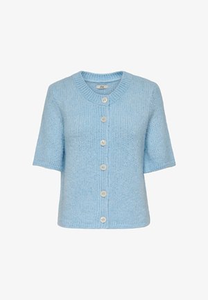 Zila adīta žakete ar īsām piedurknēm, apaļu dekoltē un piecu pogu aizdari. Mīksts, strukturēts materiāls ar smalku rakstu.