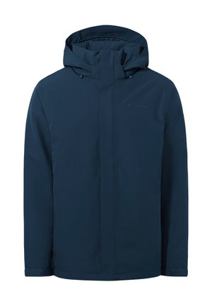 Donkerblauwe waterdichte jas met capuchon, voorzien van een rits aan de voorkant, elastische manchetten en een subtiele merkllogo op de borst. Lichtgewicht materiaal.