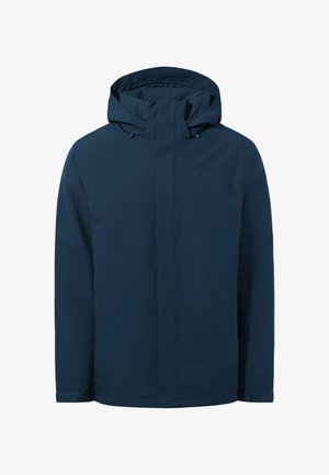 Donkerblauwe waterdichte jas met capuchon, voorzien van een rits aan de voorkant, elastische manchetten en een subtiele merkllogo op de borst. Lichtgewicht materiaal.