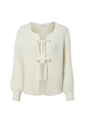 Ecru dzianinowy kardigan z długimi rękawami i dwoma wiązaniami z przodu, z okrągłym dekoltem i miękką, teksturowaną tkaniną.