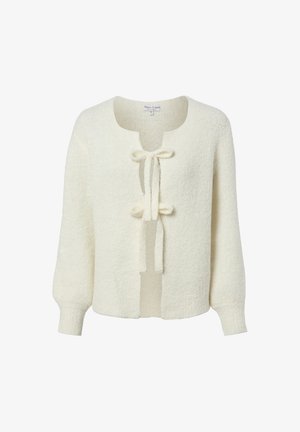 Elfenbeinfarbener Strick-Cardigan mit langen Ärmeln und zwei vorderen Binderverschlüssen, ausgestattet mit einem runden Ausschnitt und weichem, strukturiertem Stoff.