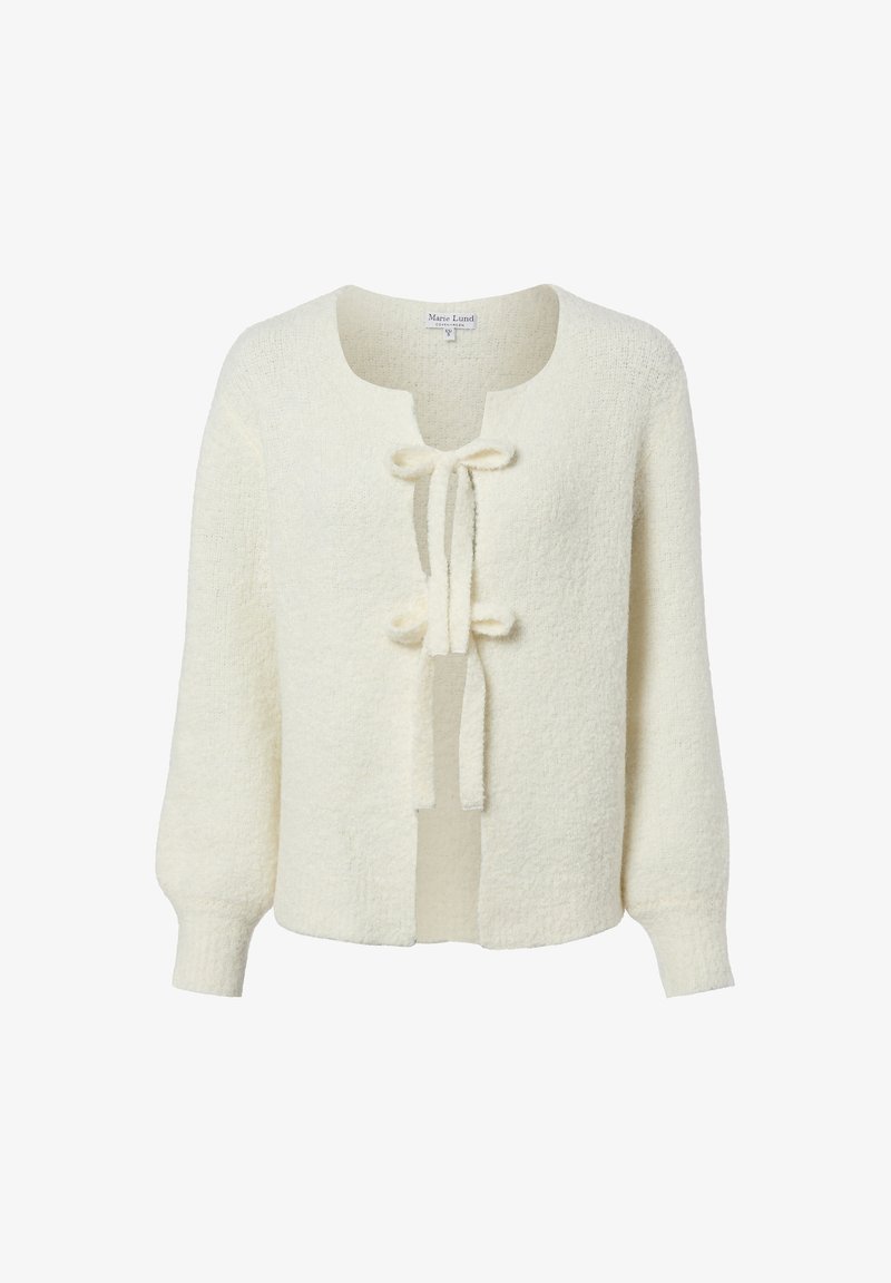 Cardigan en tricot ivoire à manches longues avec deux liens de fermeture à l'avant, doté d'un col rond et d'un tissu doux et texturé.