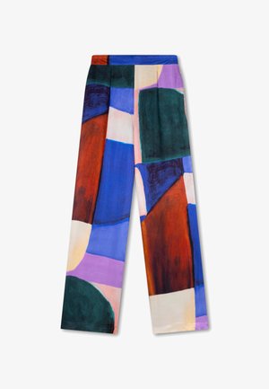 Kleurvolle broek met wijde pijpen, voorzien van een opvallend geometrisch patroon in paars, blauw, rood, crème en groen, gemaakt van een soepele, lichte stof.
