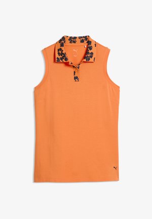 Polo arancione senza maniche con colletto a fantasia floreale in blu navy. Morbido cotone con orlo dritto e logo sul lato.